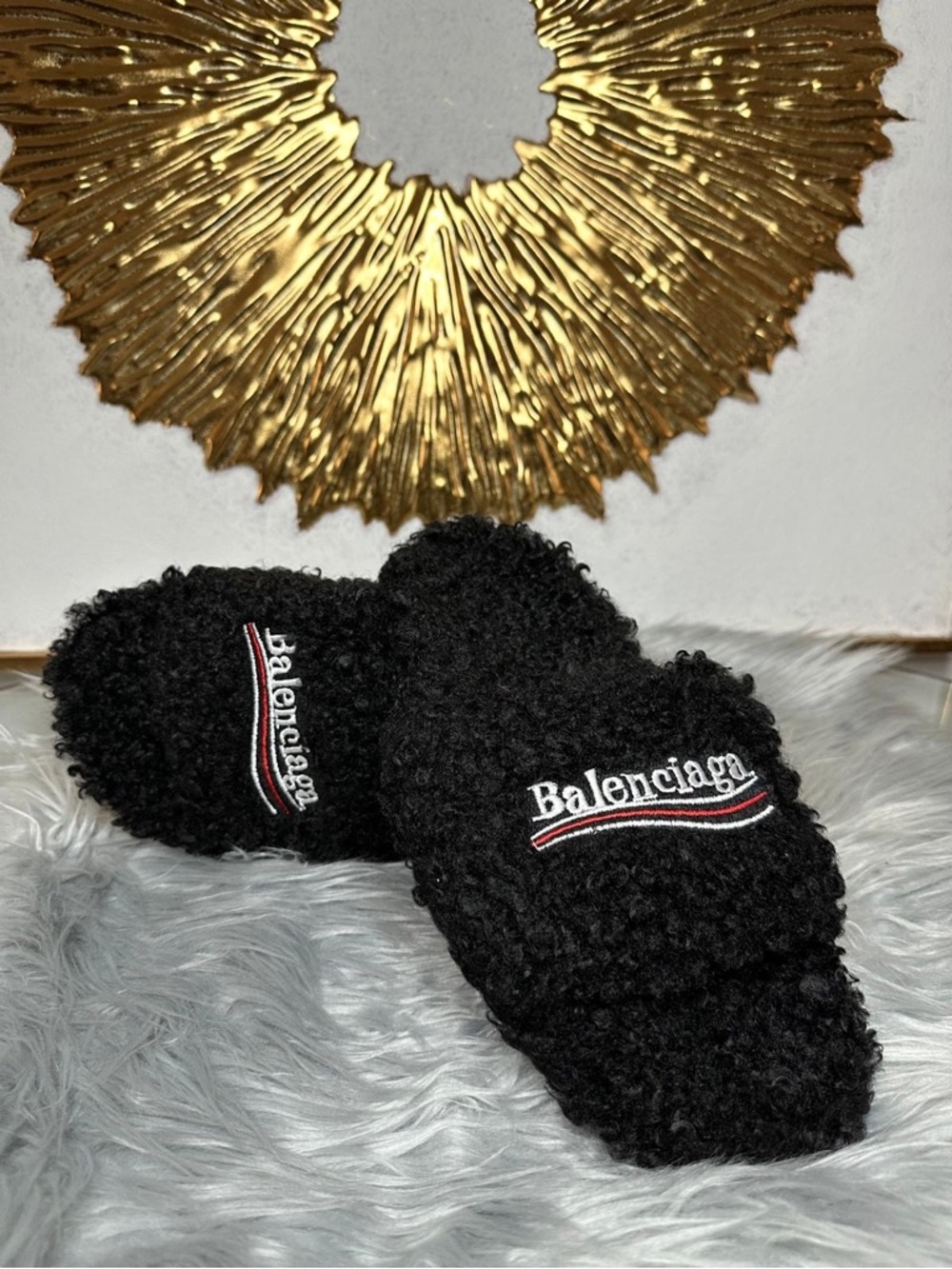 Balenciaga Black Sherpa Logo Slippers with Red & White Accent
